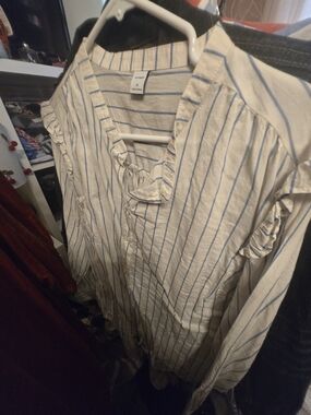 Old Navy Cream Blouse with Blue Pinstripes